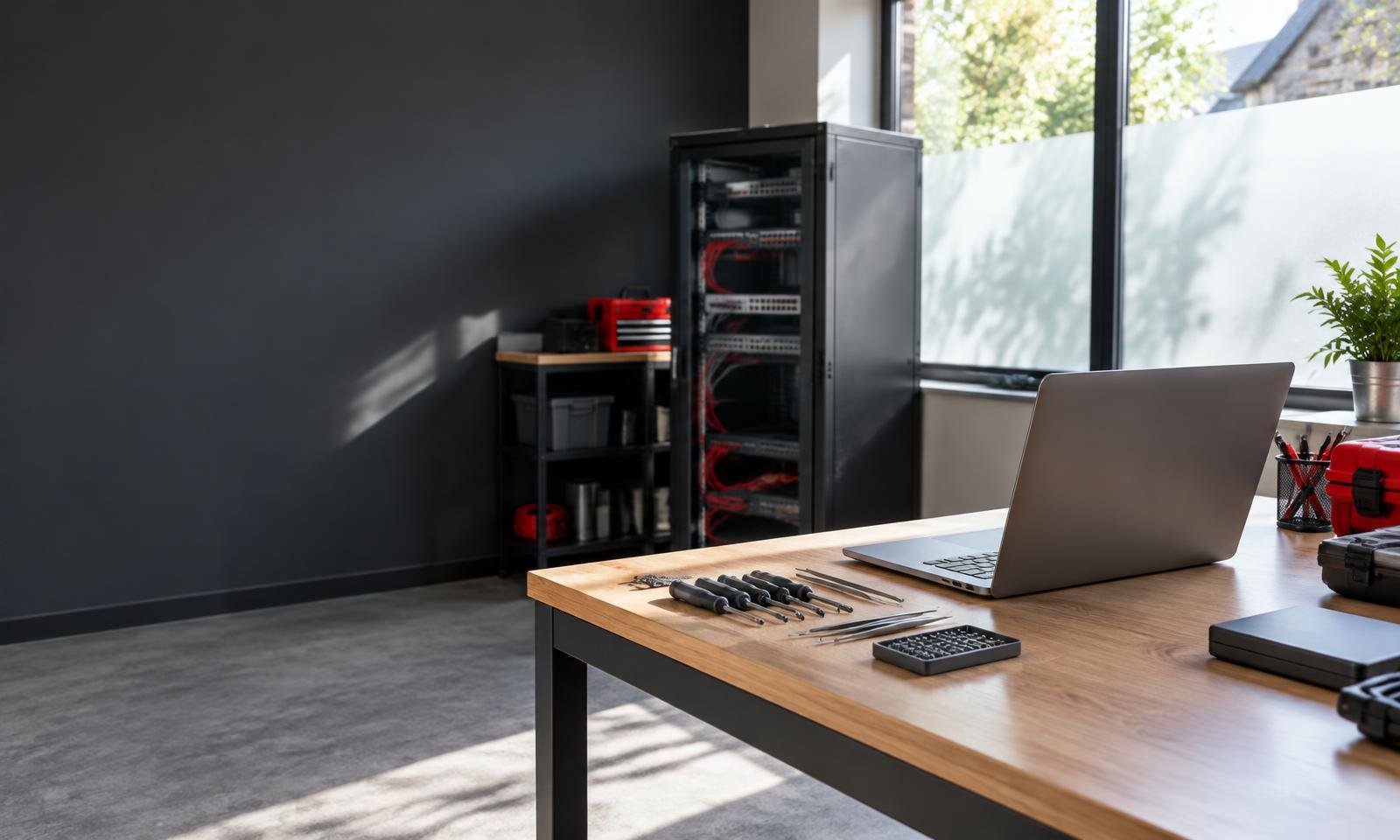 Scène illustrative d’un atelier informatique et de matériel de maintenance